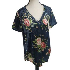 Amaryllis T Shirt Black Pink Floral Velour Short Sleeve Stretch Womens Size M